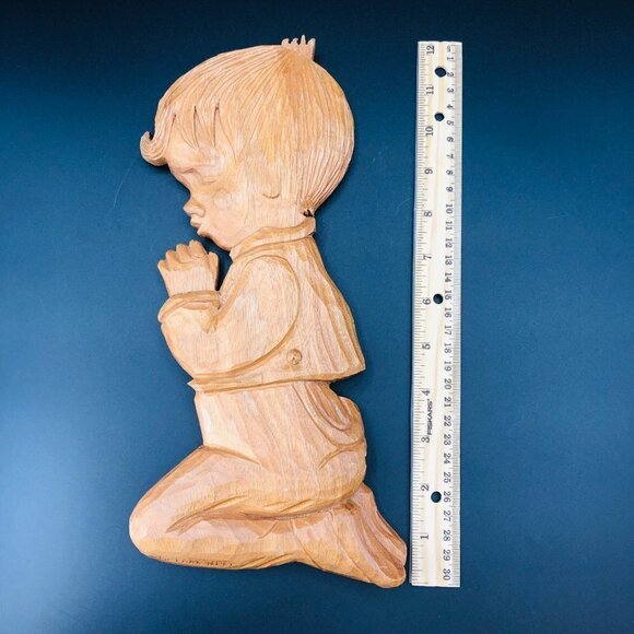 70s Hand Carved Wood Wall Plaque Praying Boy Vintage Gerard Lamonde Wall Hanging - Picture 9 of 10